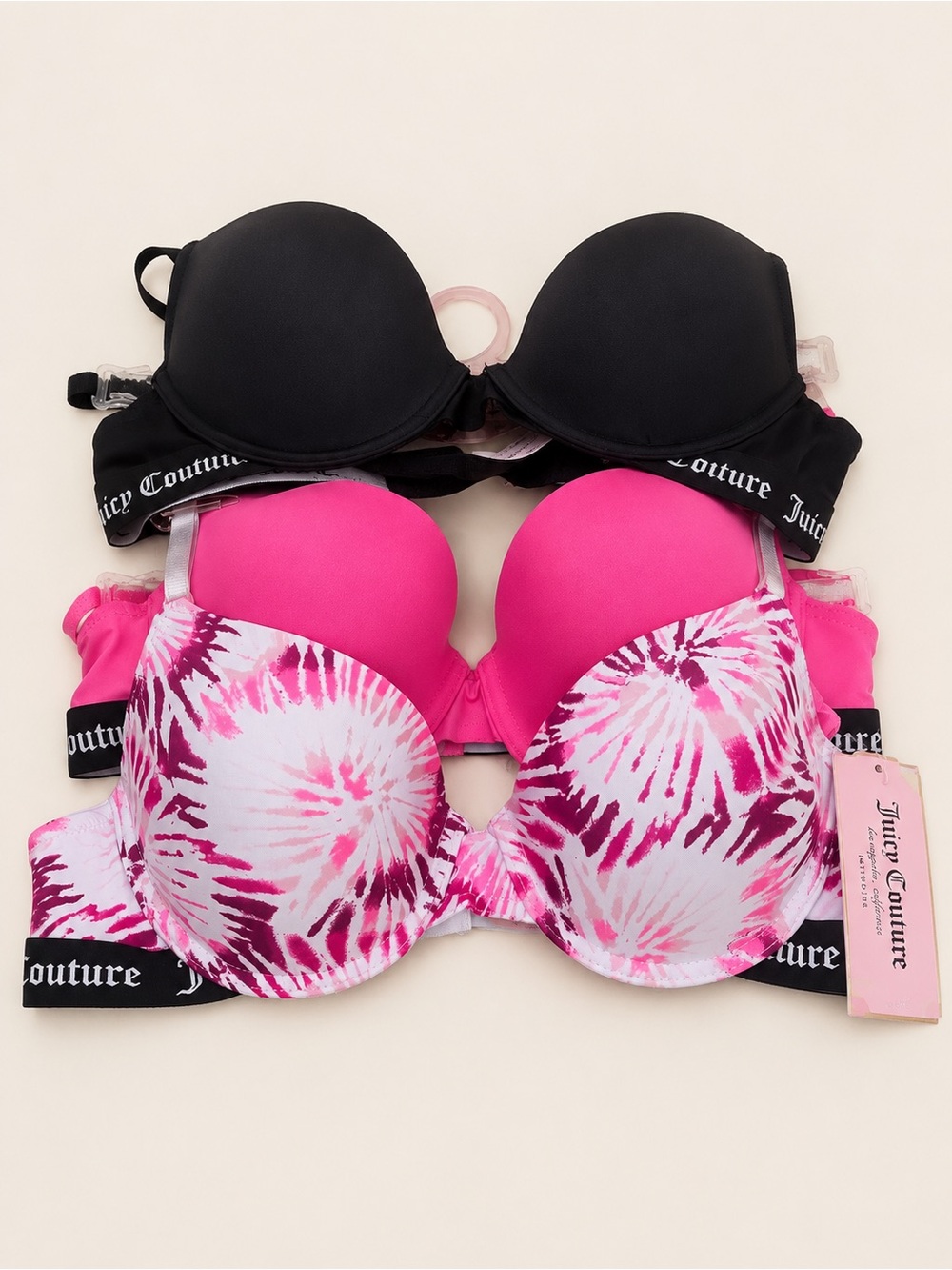 Juicy Couture Black and Hot Pink Tie-Dye Push-Up Bra Set
